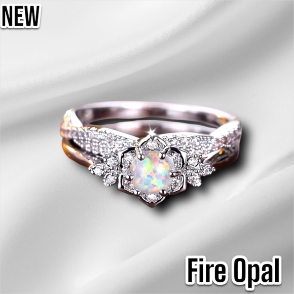 New White Fire Opal Flower CZ Crystal Vintage Wedding Engagement Ring Set - Picture 9 of 14